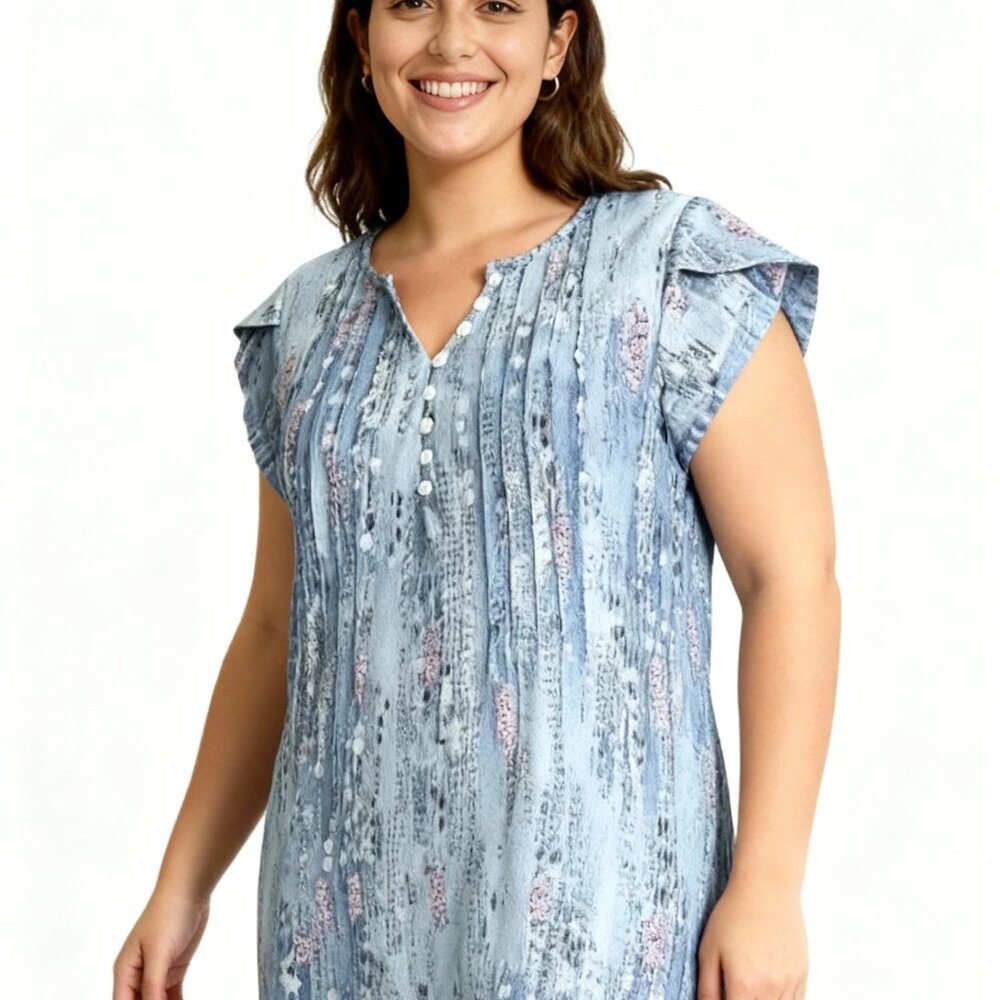 Disamer Blue Printed Button-Front Dress — Short Sleeve A-Line - Size Small - Picture 2 of 5